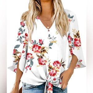 V-Neck Floral Tie Front Shirt Blouse XL NWT
